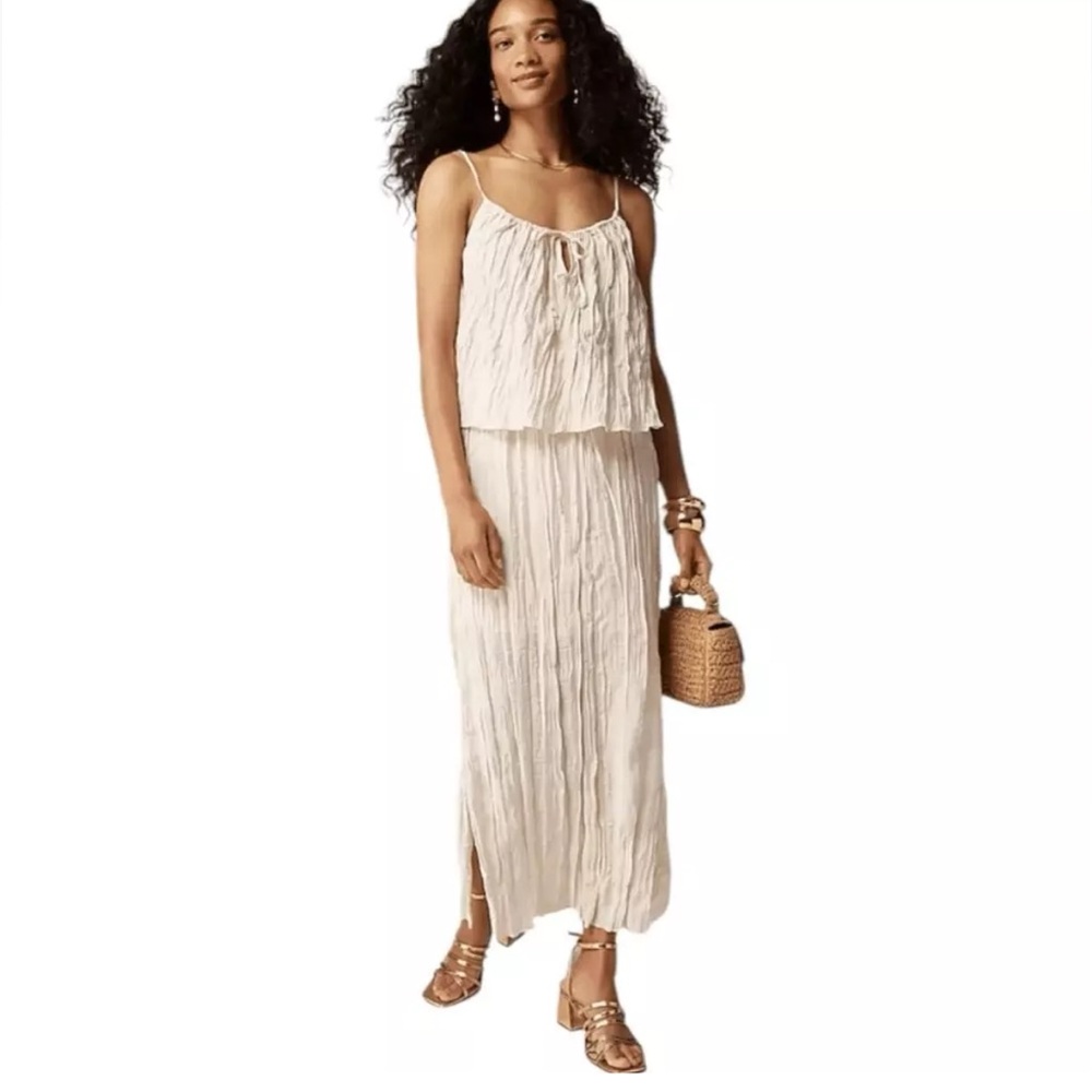 NWT J.Crew Crinkled drawstring Fara midi skirt Large Natural Cream Viscose